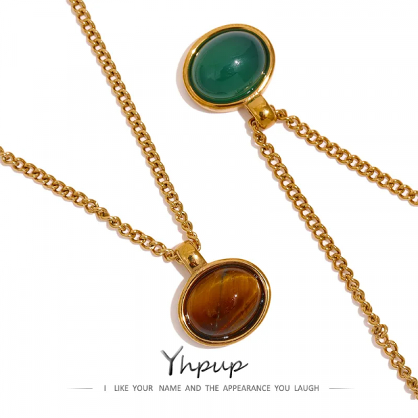 Yhpup Green Agate Tiger Stone Pendant Necklace for Women 316L Stainless Steel Gold Color Chain Collar Fashion Charm Jewelry