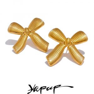 Yhpup Fashion Stainless Steel Bow knot Stripe Gold Color Stud Earrings for Women Tarnish Resistant Attractive Daily Jewelry Gift