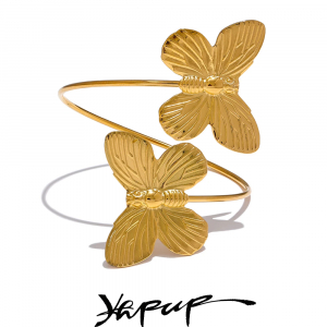 Yhpup Waterproof Metal Large Golden Butterfly Open Cuff Bracelet Bangle Stainless Steel High Quality Charm Statement Jewelry