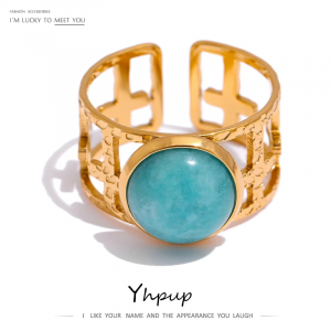 Yhpup 316L Stainless Steel Trendy Ring Simple Golden Metal Blue Stone Opening for Women кольцо женское Wedding Gift Jewelry