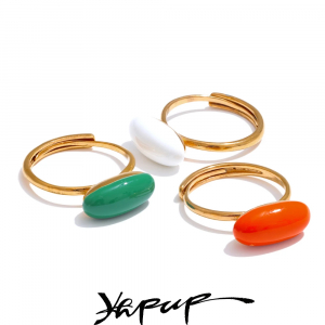 Yhpup Orange Green White Enamel Chic Adjustable Candy Fashion Ring Water-resistant 316L Stainless Steel Golden Joyful Jewelry