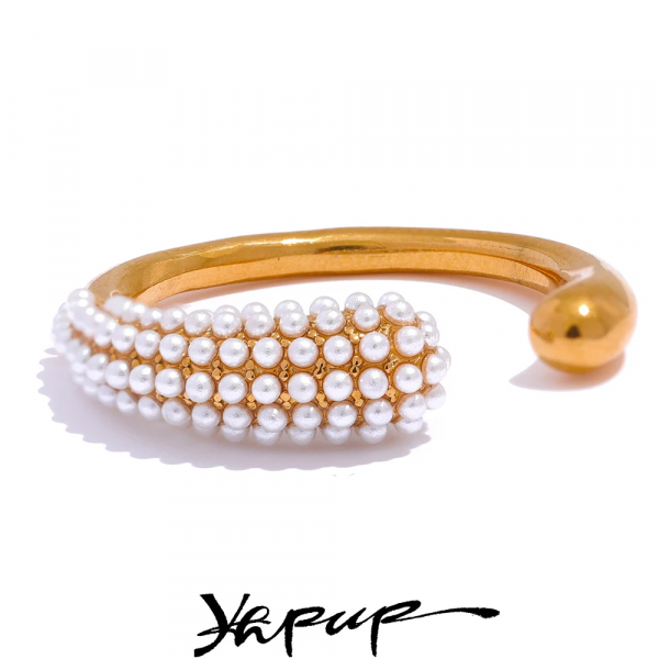 Yhpup Elegant Imitation Pearls Golden Stainless Steel Open Fashion Ring for Women Exquisite Chic Finger Jewelry Bijoux Femme