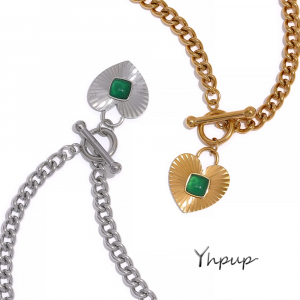 Yhpup Heart Pendant Chain Necklace Stainless Steel Waterproof Jewelry Green Agate Natural Stone Charm Fashion Necklace for Women