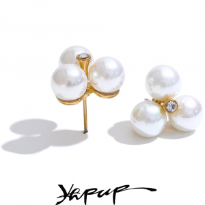 Yhpup Korean Style Simulated Pearls Flower Stud Earrings for Women Exquisite Stainless Steel Elegant Daily Waterproof Jewelry