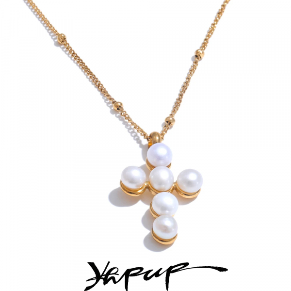 Yhpup Luxury Exquisite Stainless Steel Natural Pearl Fashion Cross Daily Necklace Jewelry Gift for Ladies Stylish Waterproof