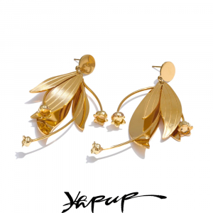 Yhpup Exquisite Stainless Steel Metal Flower Creative Earrings 18K Gold Color Plated Elegant Fashion Fairy Jewelry Gift