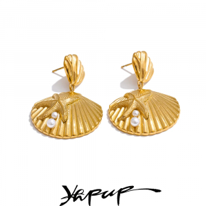 Yhpup Ocean Style Pearl Metal Shell Starfish Dangle Earrings PVD Plated 2025 Stainless Steel Trendy Statement Jewelry Accessory