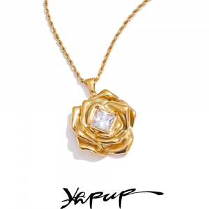 Yhpup Fashion Bling Cubic Zirconia Metal Flower Pendant Necklace Golden PVD Plated Stainless Steel Trendy Classic Jewelry