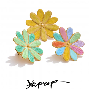 Yhpup Trendy Colorful Enamel Flower Y2K Golden Ring for Women Summer Daily Stainless Steel Trendy Adjustable Finger Jewelry Gift
