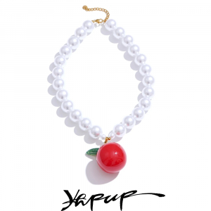 Yhpup Arrivals Simulated Pearls Round Beads Fruit Apple Big Pendant Exaggerated Necklace for Women Popular Handmade Jewelry