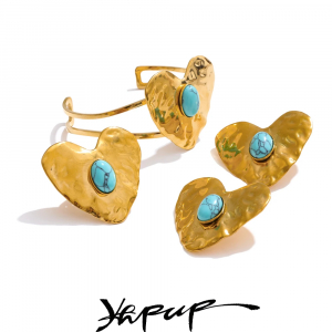 Yhpup New Blue Turquoise Inlaid Heart Love Stud Earrings Ring Bracelet 18K PVD Plated Stainless Steel Charm Golden Daily Jewelry