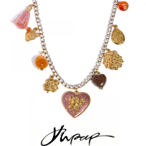 Yhpup Shiny Cubic Zirconia Chain Acrylic Enamel Heart Flower Charm Pendant Necklace Waterproof Stainless Steel Exquisite Jewelry