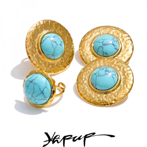 Yhpup High Quality Blue Turquoise Stone Round Stud Earrings Ring for Women 18K Golden Plated Stainless Steel Vintage Jewelry