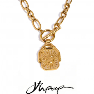 Yhpup Length 100cm Rectangle Double-Sided Sun Moon Pendant Necklace Golden Stainless Steel Toggle-Clasps Distinctive Jewelry New
