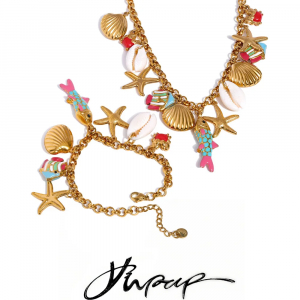 Yhpup Ocean Series Enamel Fish Shell Starfish Drop Charm Necklace Bracelet Bangle Summer Stainless Steel Chain Holiday Jewelry