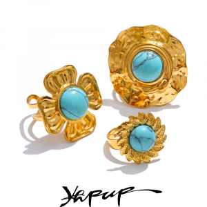 Yhpup Arrivals Blue Turquoise Flower Sun Adjustable Ring for Women 18K Golden Plated Stainless Steel Fashion Finger Jewelry