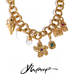 Yhpup Arrival Stainless Steel Vintage Palm Kettle Flower Drop Statement Necklace 18K Golden Plated Handmade Charm Jewelry Gift