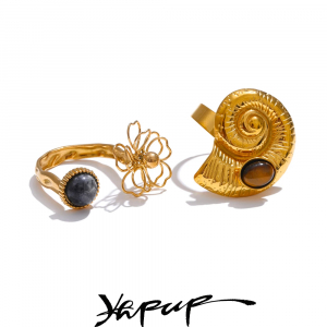 Yhpup Natural Spectrolite Tiger Stone Conch Shell Flower Open Adjustable Ring Stainless Steel Golden New Arrivals Jewelry Gift