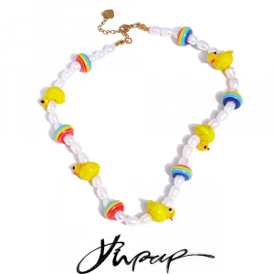 Yhpup Natural Freshwater Pearls Cute Yellow Duck Beads Handmade Chain Fashion Necklace Creative Charm Premium Jewelry Gift 2025